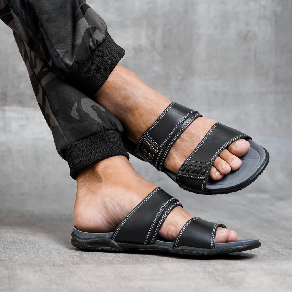 Gambar ke-7 produk Barnett Triton 12 - Sandal Pria Formal Casual Kekinian Model Slide Slop Distro Hitam Stylish